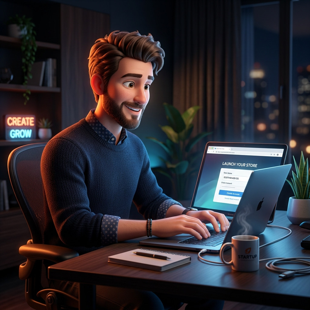 Stylized 3D merchant creating an AMnova account on a laptop