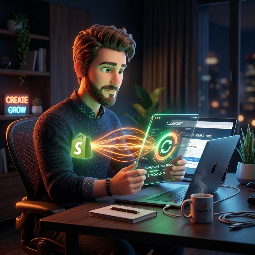 Stylized 3D merchant connecting a Shopify store on a tablet