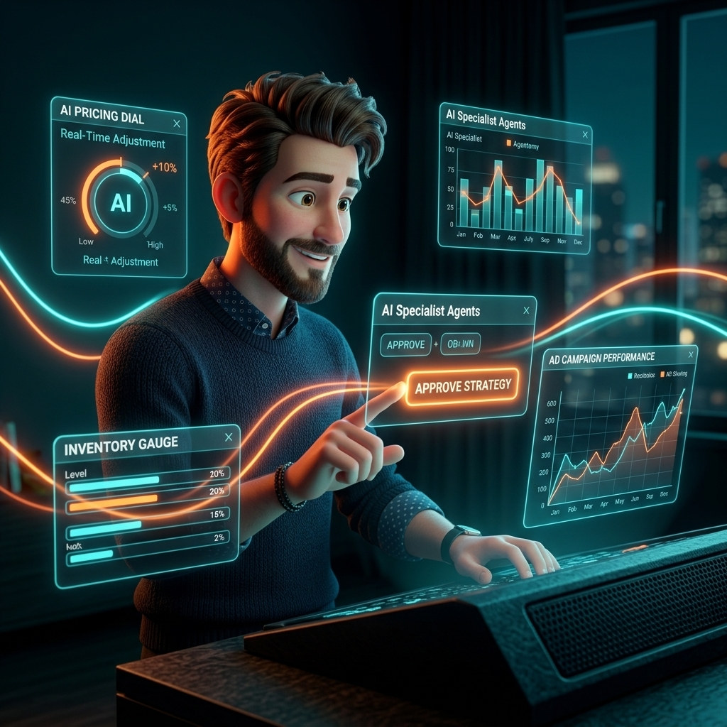 Stylized 3D merchant reviewing AI specialist recommendations and approval dials