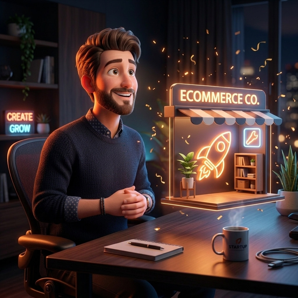 Stylized 3D merchant celebrating storefront launch with an illuminated 3D store