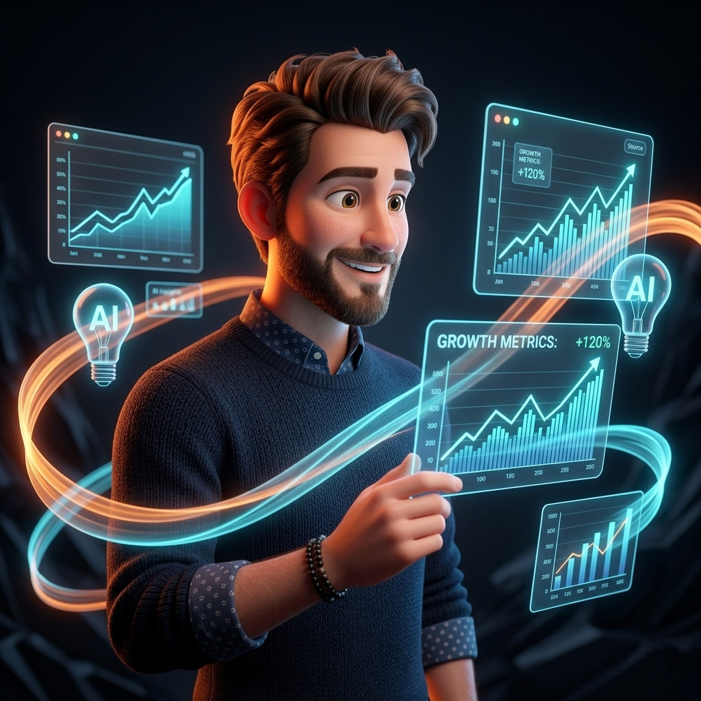 Stylized 3D merchant reviewing business analytics and upward growth trends